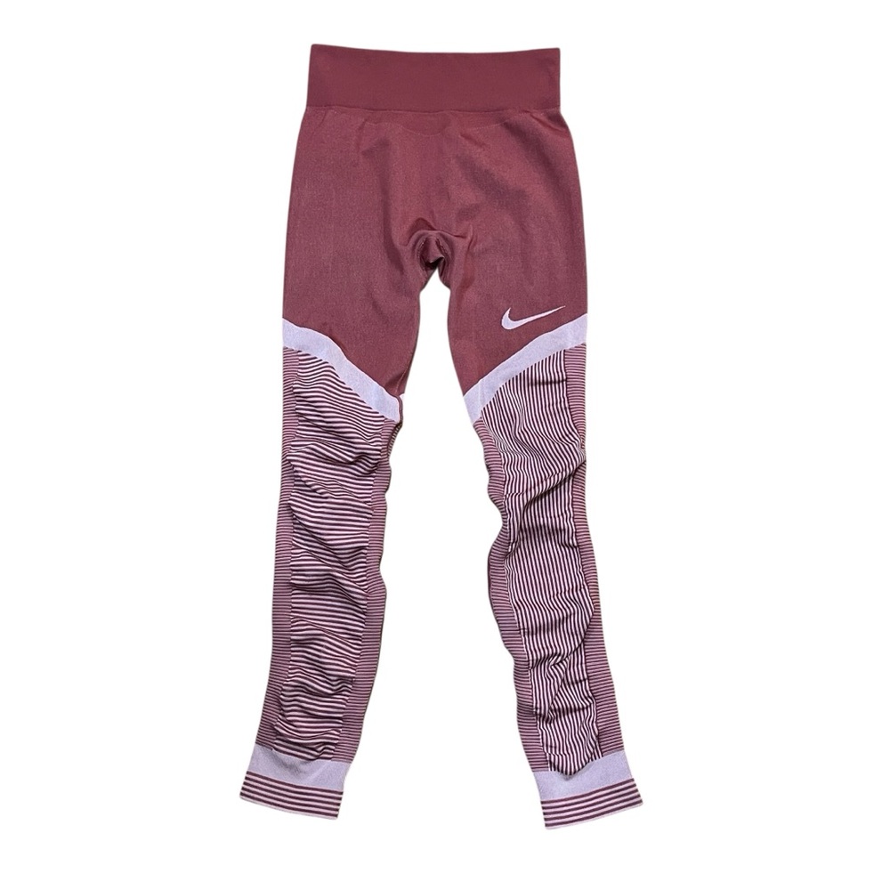 Nike Red Pink Leggings Dri-Fit Striped Ruched Athletic Gym Workout Pants
